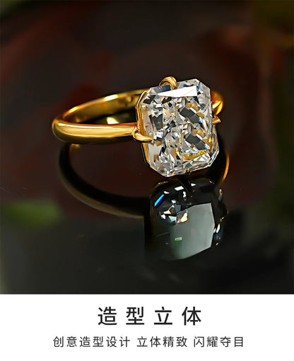 8 * 10 rectangular Redion 925 silver ring set with high carbon diamond daily diamond ring, niche and versatile for women