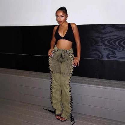 Spliced Draw String Denim Ankle Length Pants