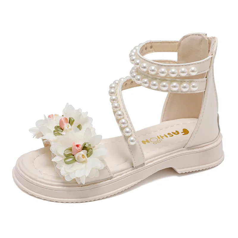Children's Sandals for Girls Elegant Sandals Pearl Beading Sweet Princess Dress Shoes Kids High-top Roman Sandals Back Zipper