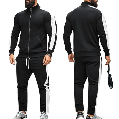 2025 Spring Autumn Men's 2-Piece Set Color Blocking Zipper Stand Collar Casual Sports Jacket Sweatshirt Trousers Suit