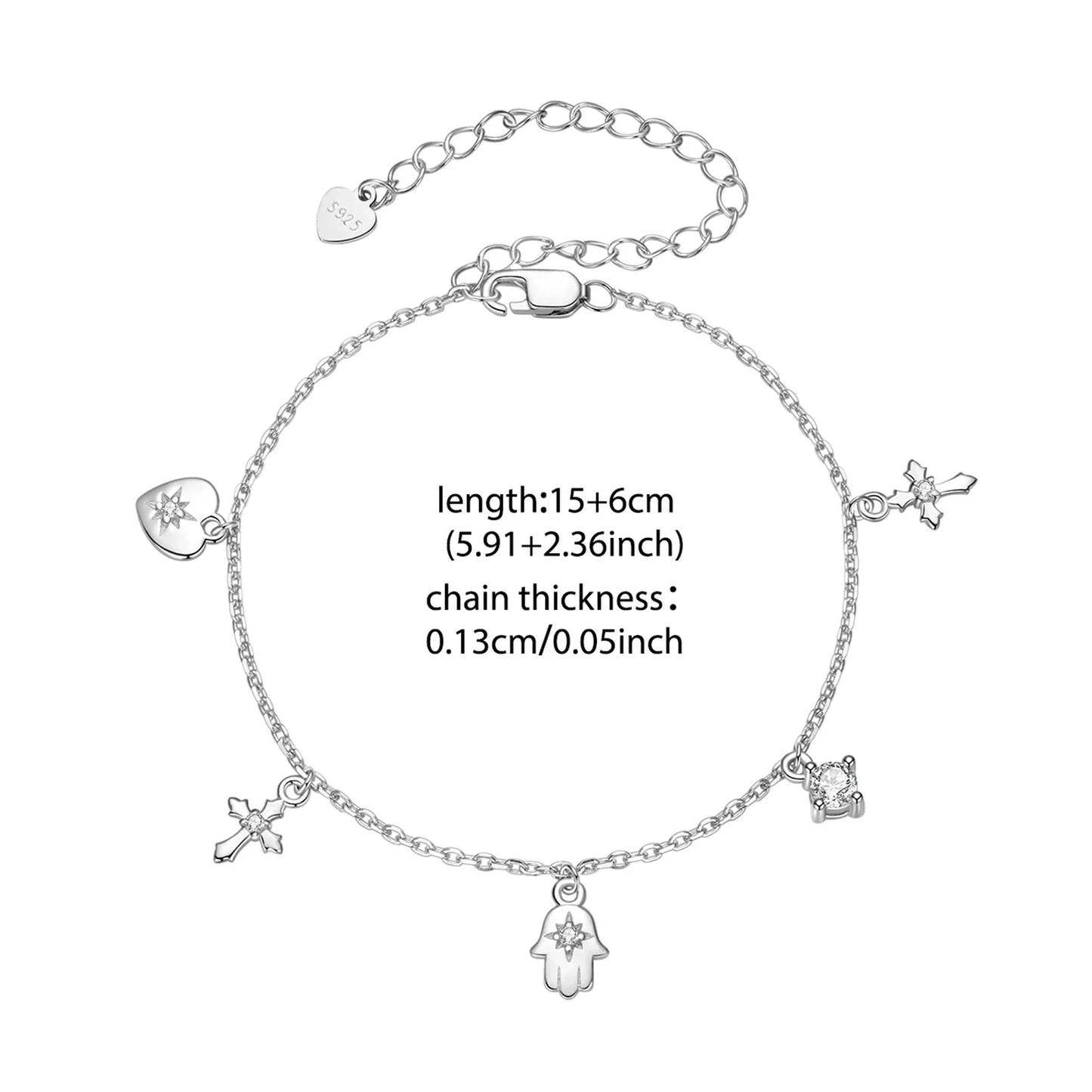925 Sterling Silver Cross Amulet Bracelet Hand of Fatima Pendant Link Chain Adjustable for Women Birthday Lucky Gift