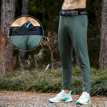 Lightweight Quick Dry Ice Silk Marathon Running Pants with Around waist Pack Breathable Workout Fitness Jogging Sport Trousers