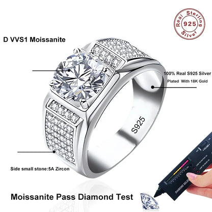 1ct D Color Moissanite Wedding Band Men Ring 925 Sterling Silver with Gold Plated Wedding Engagement Rings Gift For Man