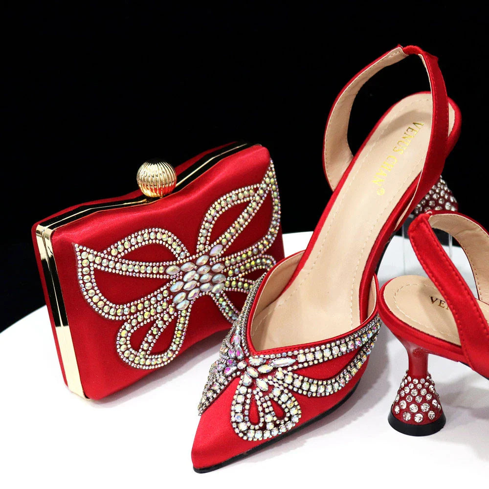 Yellow Classy Bowknot Pointed Toe Women's Shoes High Heel Elegant Sandals Shallow Mouth Shoes Bag Set Women