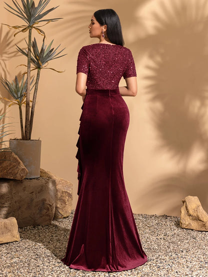 Round neck short sleeve sequined velvet ruffled decorative hip dress