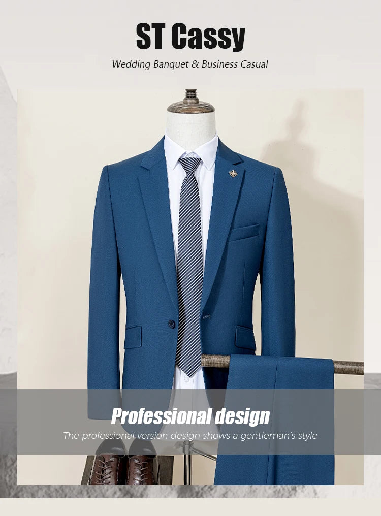 High Quality Men's Suit Slim Fit Solid Color Suit Formal Business Office Single Breasted Coat Pants 2 Pieces Set