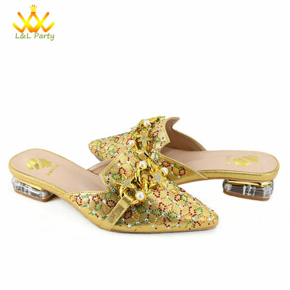 Low Heels Comfortable Sweet Style Italian Design Shoes Matching Bag Set in Orange Color High Quality with Crystal for Dress