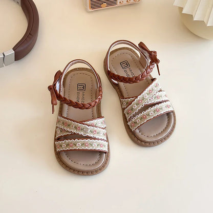 Summer Girl's Sandals Braided Flower Classic Trendy Vintage Kids Sliders Beige Brown Open Toe Holiday Pu Leather Children Shoes