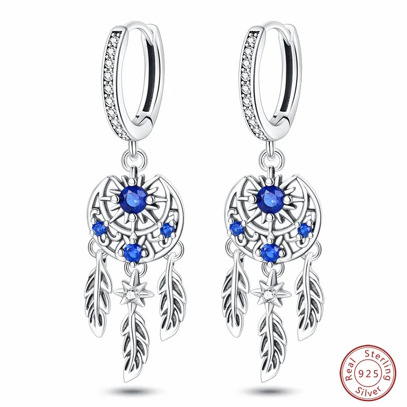 New in 925 Silver Romantic Feather Moon Stars Dream Catcher Earrings For Women Trending Fashion Jewelry Creative Birthday Gifts