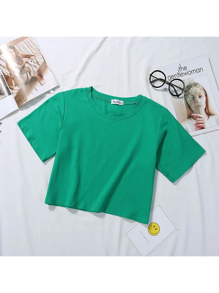 Summer Short Sleeve T Shirts Women  Solid T-shirt O Neck High Waist Crop Top Tee Female Casual Loose T Shirt