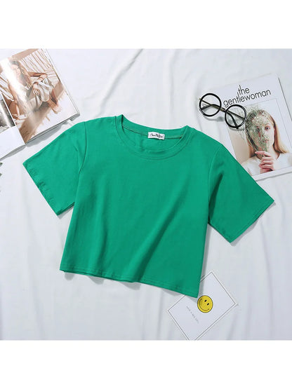 Summer Short Sleeve T Shirts Women  Solid T-shirt O Neck High Waist Crop Top Tee Female Casual Loose T Shirt