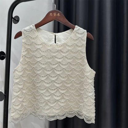 Bling Bling Sequined Tanks Tops Women Fashion Heavy Industry Double-sided Beaded Vest Vacation Leisure Beaded  Chiffon Top