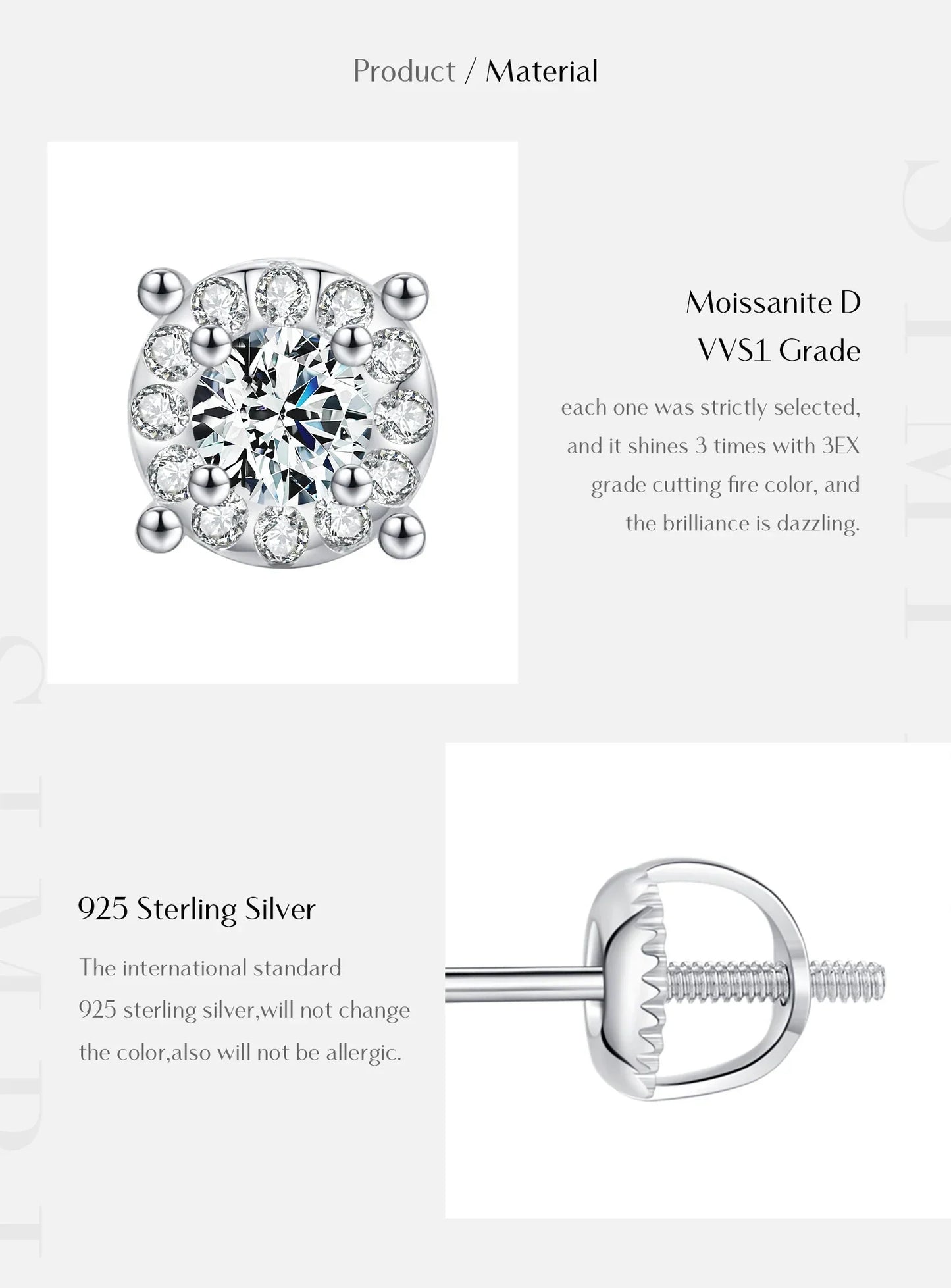 D Color Moissanite Stud Earrings Round Cut Lab Created Diamond 925 Sterling Silver Silver Bridal Jewelry For Women Gifts