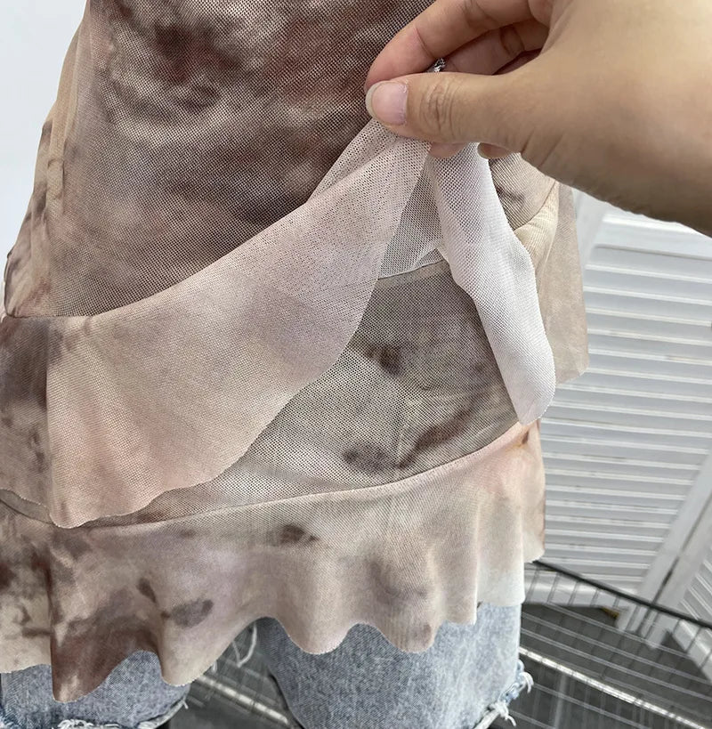 2025 Mesh Camisole for Women Stretch Casual Tie Dyeing Braless Sleeveless Adjustable Straps Asymmetrical Ruffle Tops