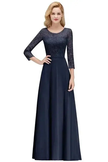 Vestido de Madrinha em Estoque Manga Longa Renda Floral Apliques Chiffon Saia Evasê Vestido de Festa de Casamento Bohêmio para Convidada