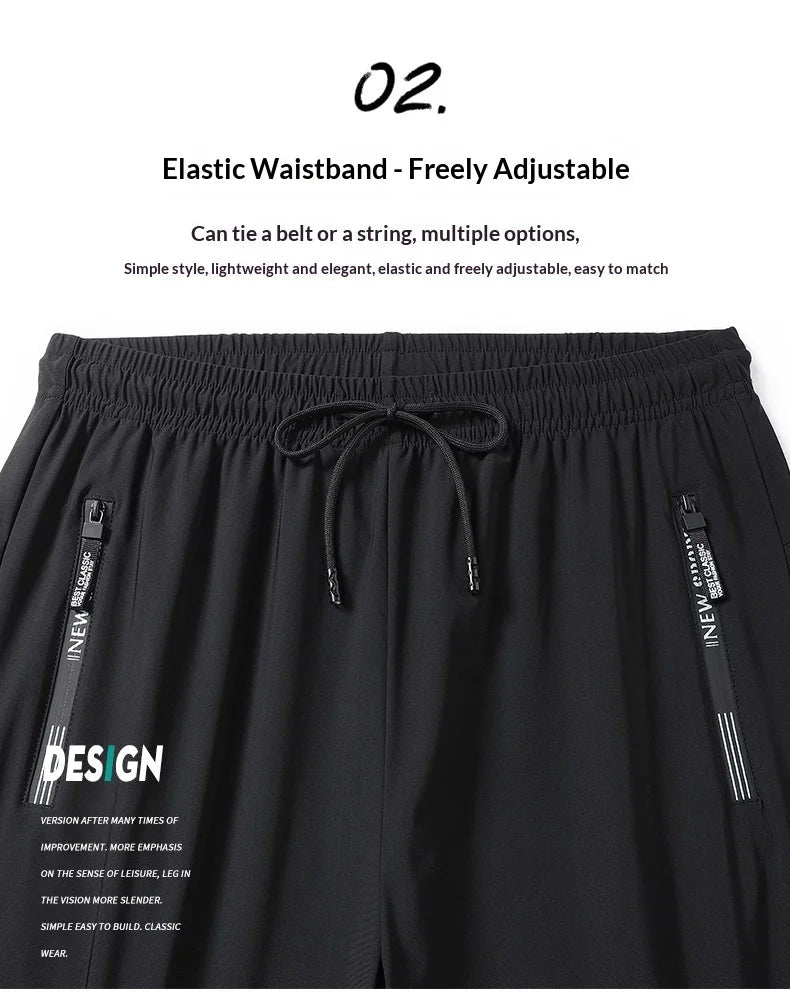 Men's Ice Silk Quick Dry Pants Lightweight Breathable Casual Trousers Elastic Waist Drawstring Sports Pants with Zipper Pockets