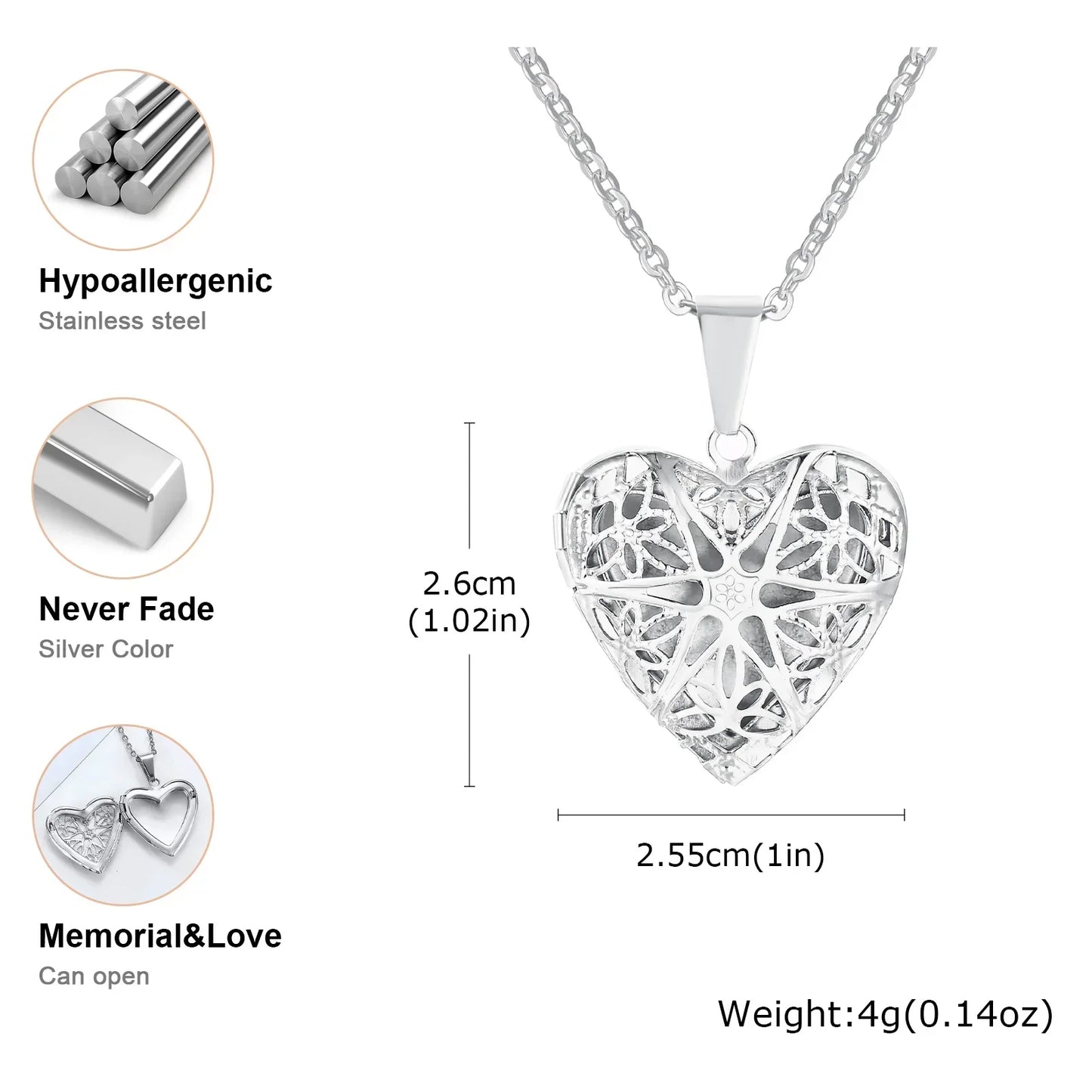 Light Heart Locket Pendants for Women Men Openable Photo Frame Glossy Stainless Steel Necklaces Family Love Collar