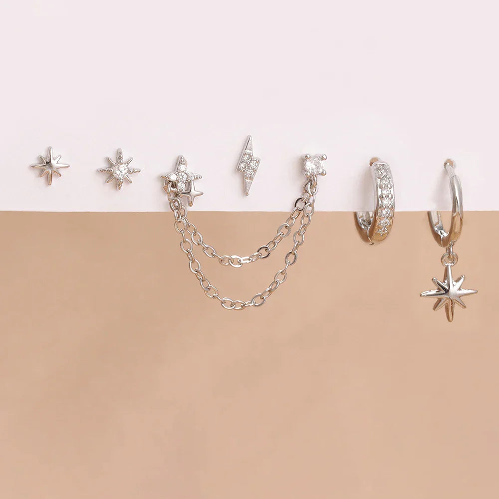 6PCS Fashion Cute Zircon Flower Ear Stud For Women Fashion 18K Gold Plated Star Ear Stud Earring Piercing Girl Set Jewelry Gift