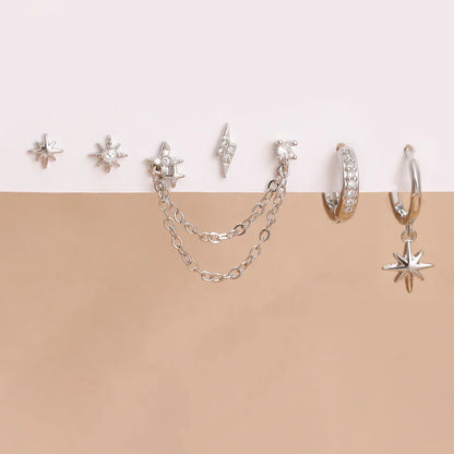 6PCS Fashion Cute Zircon Flower Ear Stud For Women Fashion 18K Gold Plated Star Ear Stud Earring Piercing Girl Set Jewelry Gift