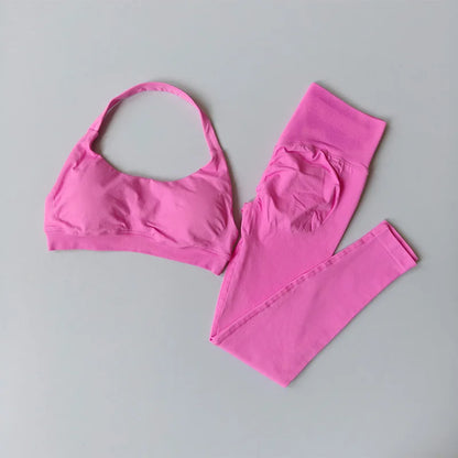 Sports Suit Women's Running 2PCS Set Seamless Yoga Thin Straps Beautiful Back Fitness Bras Gym High-waisted Peach Leggings Sets