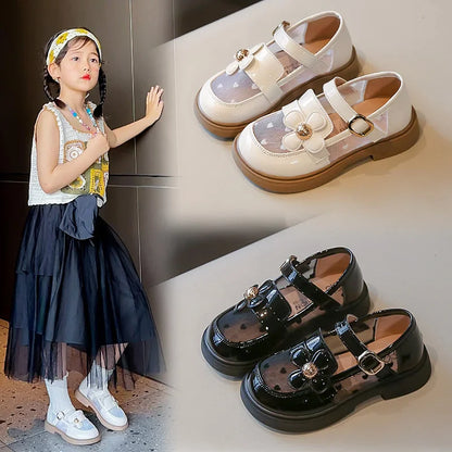 Toddler Girls Elegant Glossy Mesh Mary Jane Flats Flower Buckle Strap Heart Pattern Chunky Sole Comfortable Party School Shoes