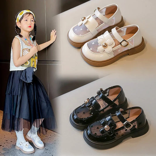 Toddler Girls Elegant Glossy Mesh Mary Jane Flats Flower Buckle Strap Heart Pattern Chunky Sole Comfortable Party School Shoes