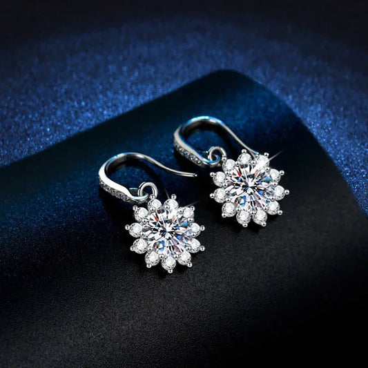 1ct Moissanite Earring 925 Sterling Silver with White Gold Plated Hoops Drop Flower Earring for Women Wedding Jewelry