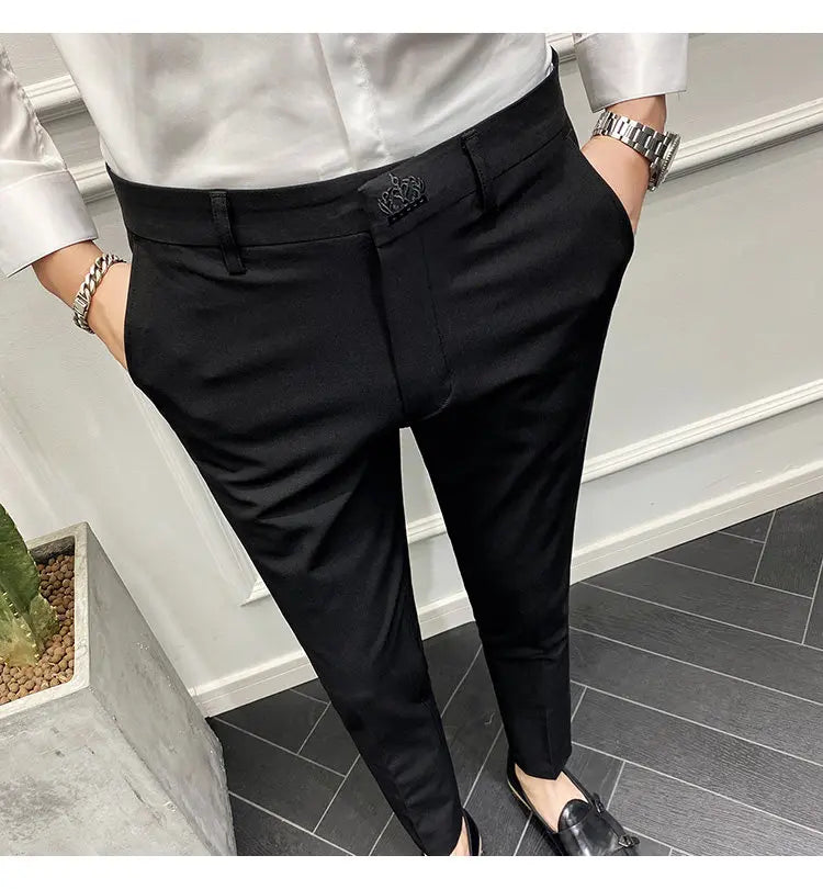 Men's Slim Fit Chino Pants with Embroidered Design - Classic Korean Style Casual Trousers for Daily Wear 28-42