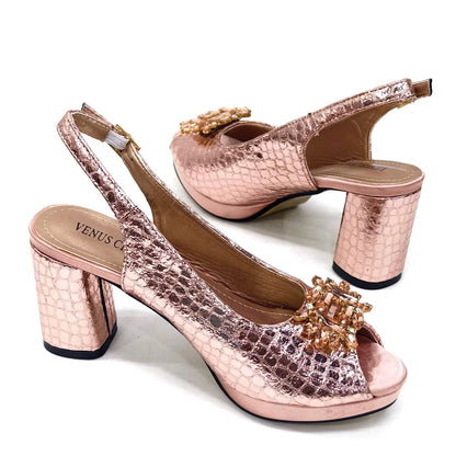 Gold Color Nigeria Fashion Rhinestone-encrusted Ladies Party Shoes And Special Bag High Heels Wedding Handbag