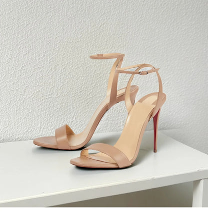 Novas sandálias de salto fino nude sexy de peça única com salto alto, com temperamento feminino, sapatos de salto alto confortáveis para mulheres francesas
