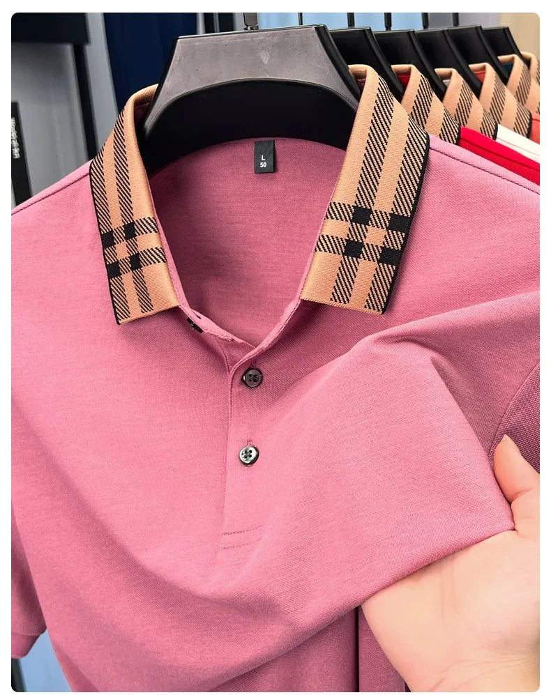 Fashion brand plaid lapel short sleeve polo shirt men summer new style simple solid color high-end business casual golf T-shirt