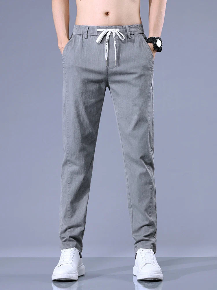 Size 28-38 Thin Casual Pants Mens Slim Simple Cotton Stretch Spring Summer Trousers Elastic Waist Drawstring Jogging Sweatpants