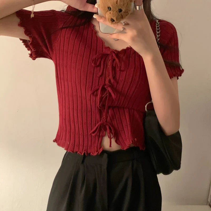 TShirt For Women V-neck Summer Simple Versatile Casual Crop Tops Bandage Ribbed Short Sleeve Women's Top T-Shirt Girl