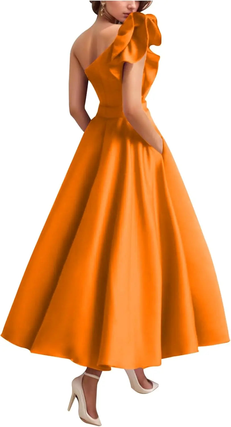 Women's One Shoulder Elegant Evening Dress with Pockets Satin Tea Length A Line Formal Wedding Guest Dress Prom Dresses