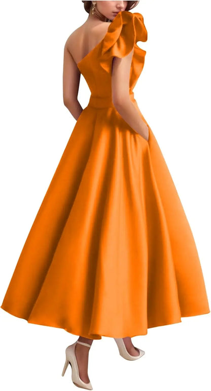 Women's One Shoulder Elegant Evening Dress with Pockets Satin Tea Length A Line Formal Wedding Guest Dress Prom Dresses