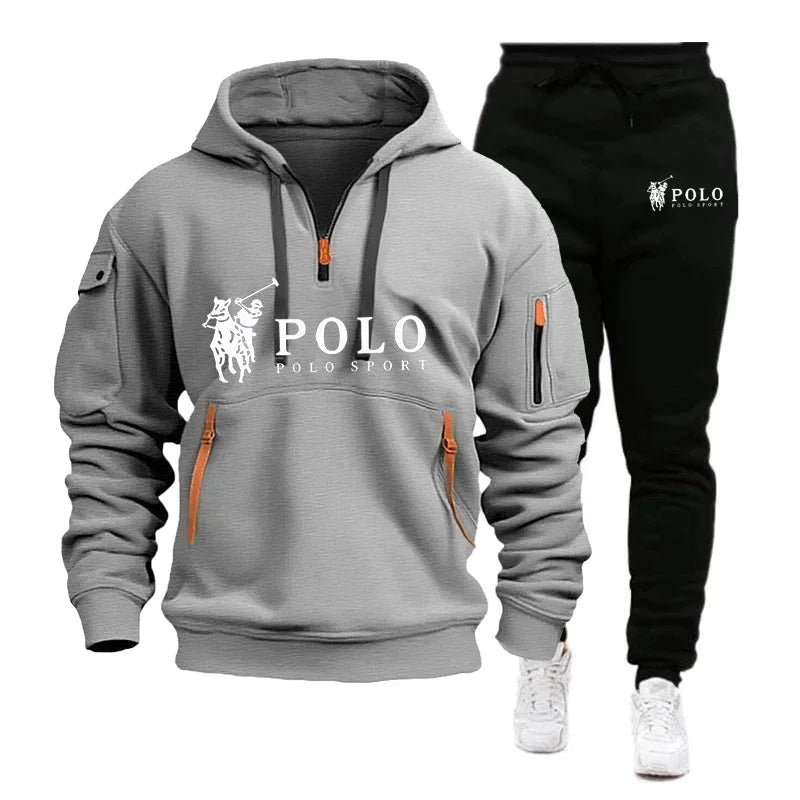 Autumn and Winter 2025 new Men's casual set, a fashionable outdoor hiking windproof and warm men's hoodie and pants 2-piece set