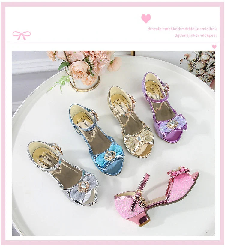 Girls Princess Sandals Summer Open-toe Elegant Children High Heels Fashion Sequins Crown Kids Causal Glitter Wedding Dress Shoes