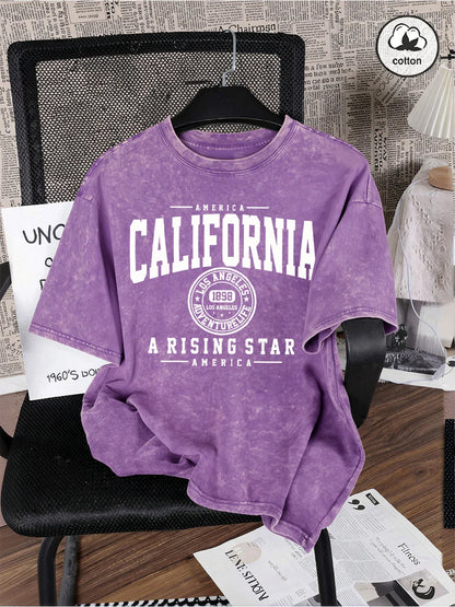 America California City Letter Washed T-Shirts Mens Oversized Cotton T Shirt Summer Short Sleeve O-Neck Tops Casual Male Tees