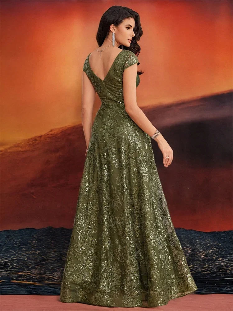 New Luxury V-Neck Beading Green Sequins Evening Dresses Elegant Long Women V-back Wedding Party Long Prom Cocktail  Gowns