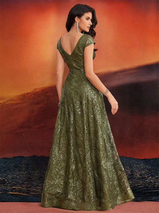 New Luxury V-Neck Beading Green Sequins Evening Dresses Elegant Long Women V-back Wedding Party Long Prom Cocktail  Gowns