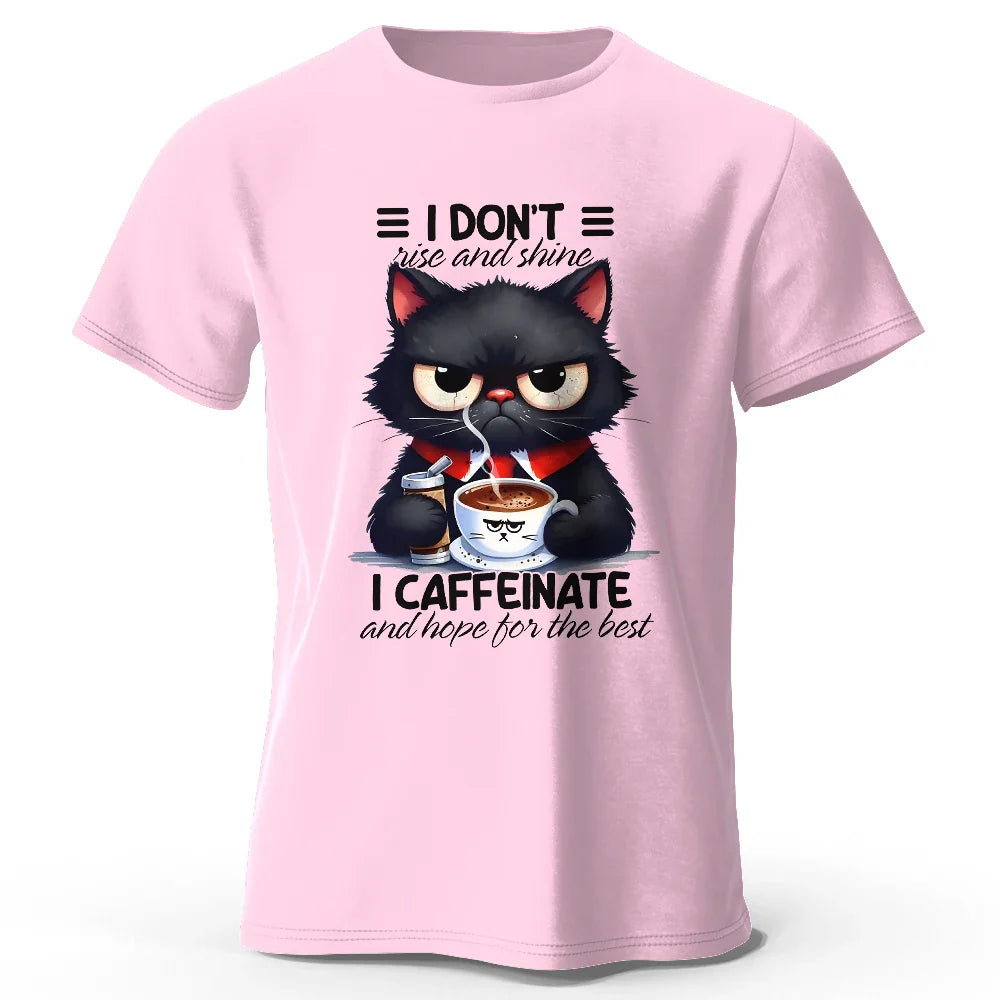 Coffee Loving Cat Print 100% Cotton T-Shirt, Soft & Breathable Round Neck Short Sleeve Tee, Unisex Fun & Quirky Style