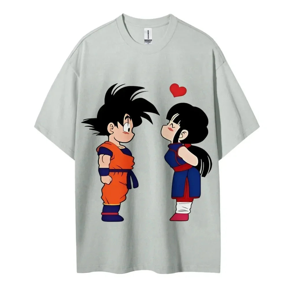 Cute Couple Print Oversized Crew Neck T-Shirt 100% Cotton Casual Tops for Men Women Kids