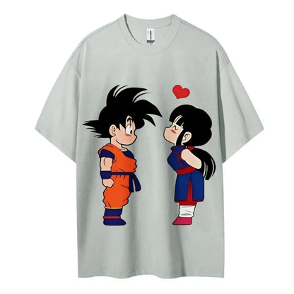 Cute Couple Print Oversized Crew Neck T-Shirt 100% Cotton Casual Tops for Men Women Kids