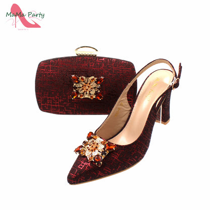 Classics Italian Design Shoes and Bag Set in Orange Color Comfortable Heels Pointed Toe Pumps for Wedding Party