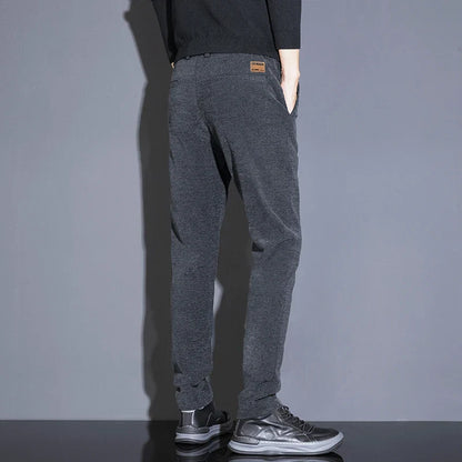 Men's Solid Straight Casual Pants Autumn Woolen Slim Fit Office Pants Vintage Elastic Waist Youth Trousers Everyday Wear