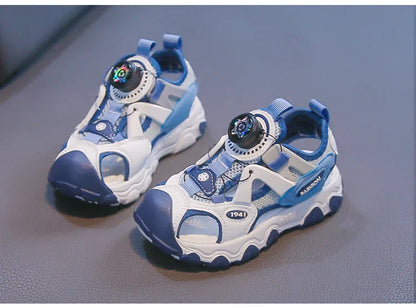 Kids Shoes Rotating Button Closed-Toe Boys Sandals Breathable Mesh Sport Shoes for Boys, Non-Slip Children Summer Sneakers