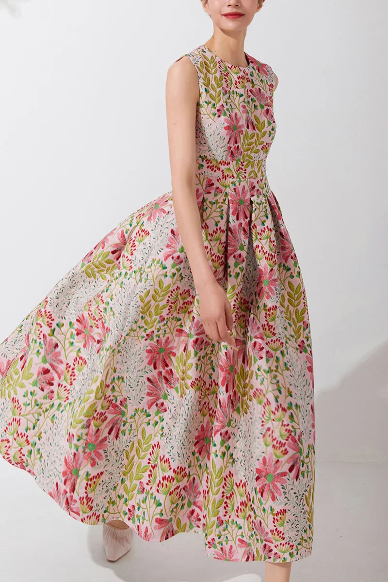 Women Summer Vintage Sleeveless Long Maxi Dress Causul Elegant Ladies Boho Jacquard Flowers Tank Party Dresses Slim Vestidos