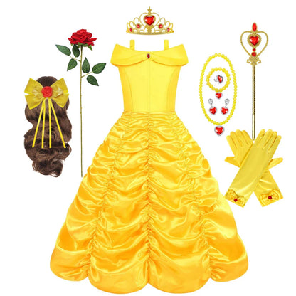 Fantasia Bela Adormecida Menina Vestido Amarelo Halloween A Bela e a Fera Fantasias Festa de Aniversário Meninas Roupas Infantis Vestido de Baile