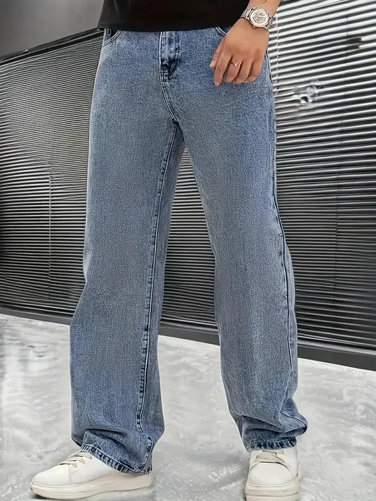 Men's Loose Fit Straight Leg Jeans - 65% Cotton 35% Polyester Blend, 390gsm Heavyweight Fabric, Japanese & Korean Streetwear Sty