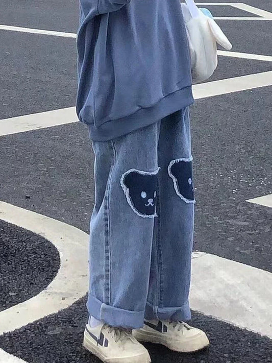 Calça Jeans Infantil Estampa Urso Fofo Hip Hop Menina Calça Harem